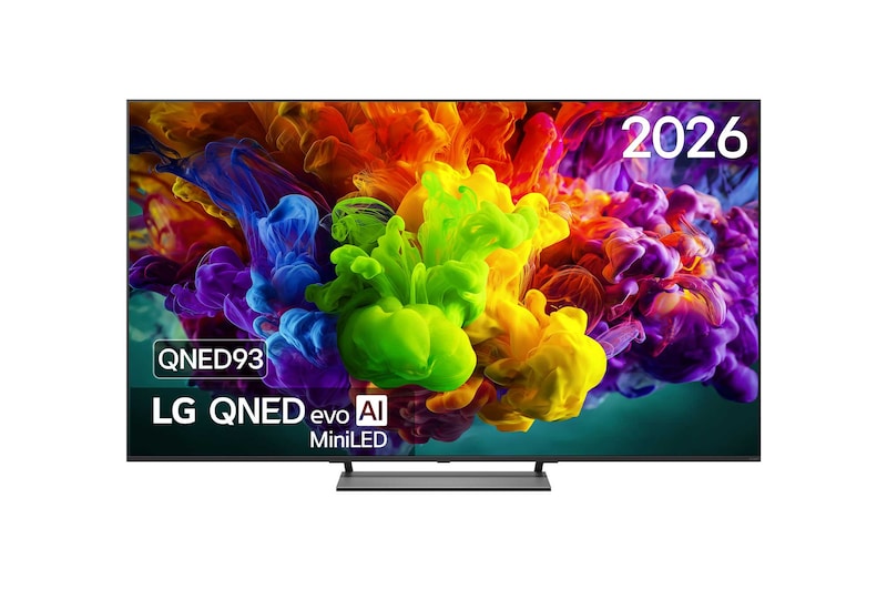 Vooraanzicht van 75 inch LG QNED evo AI QNED93 Mini LED 4K Smart TV 2026 75QNED93B6A